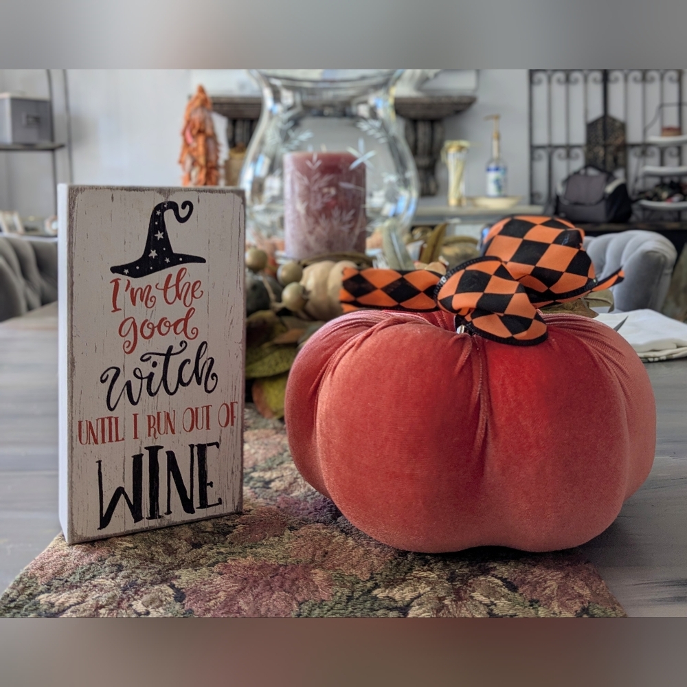 Orange Velvet Pumpkin Decor And Witch Plaqy